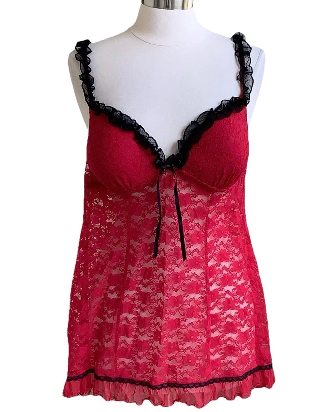 Y2K Babydoll Fairy Lingerie Top Going Somewhere Shirt XL Red Lace Linea Donatela